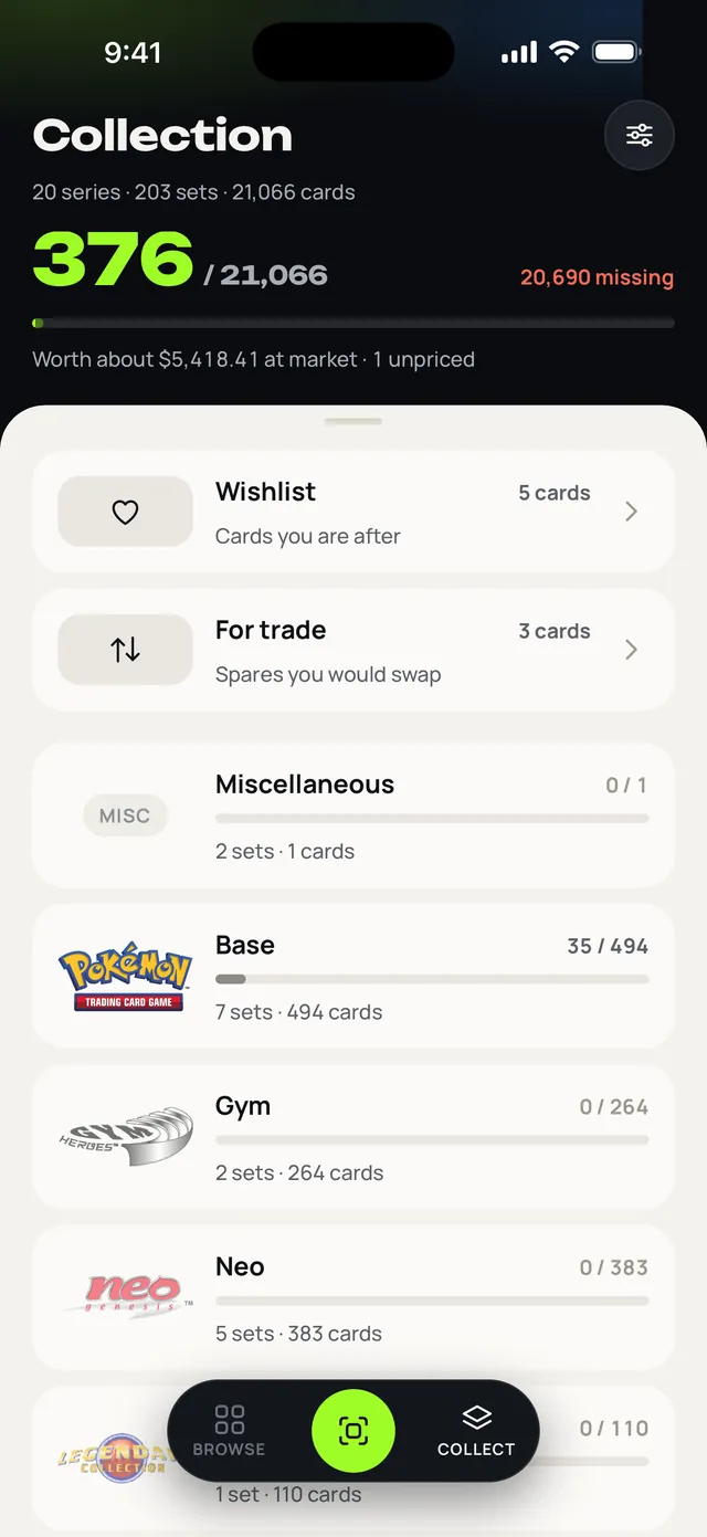 The Collection screen: 376 of 21,066 cards owned in lime, 20,690 missing, worth about $5,418 at market, then a paper sheet with Wishlist and For trade rows above every series with its progress bar.